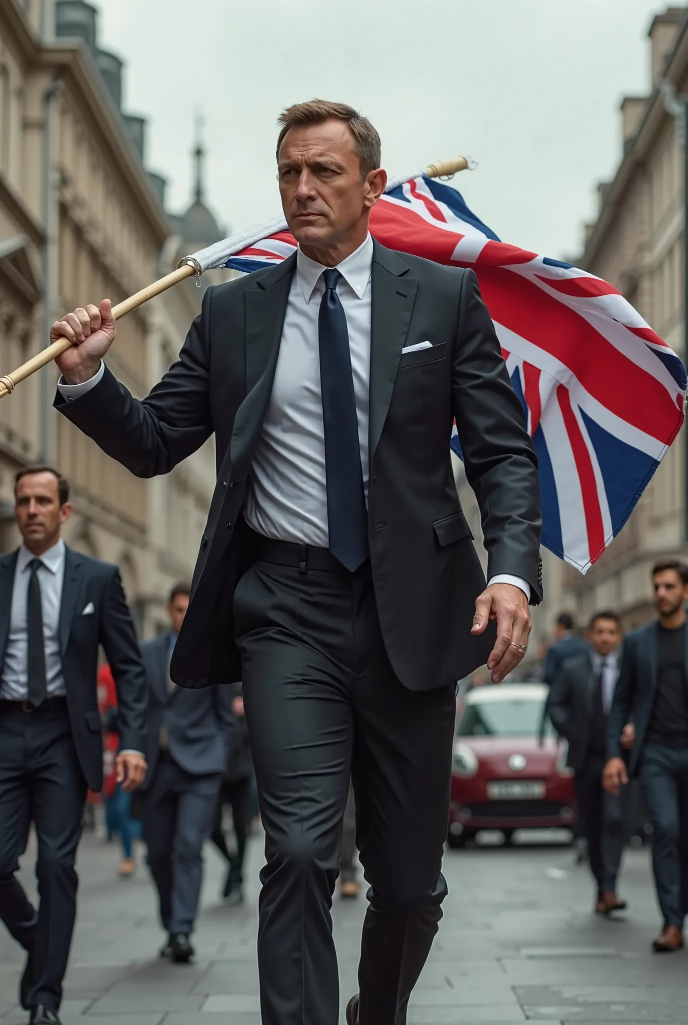 James Bond is walking through London carrying the UK flag