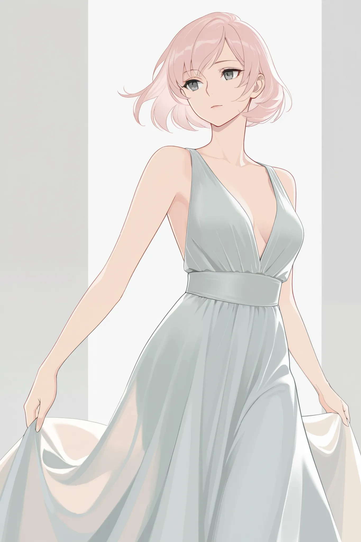 masterpiece, best quality, amazing quality, very aesthetic, newest, 1woman, solo, light pink hair, short hair, silver eyes, nice dress, tall, highres