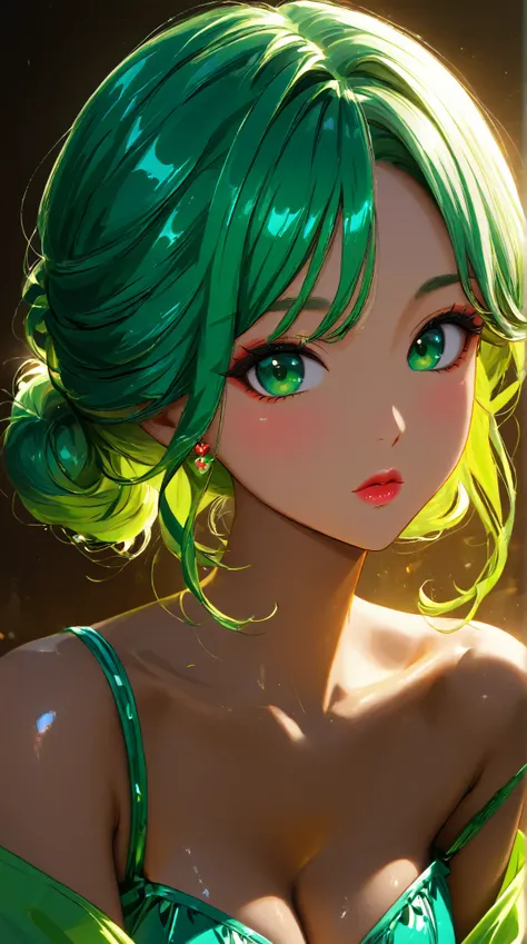 pop art style、cute face, kawaii,  bunny girl, modern art、portrait, shiny skin, beige, green, portrait, big green eyes, green hair, huge breasts, cleavage, 