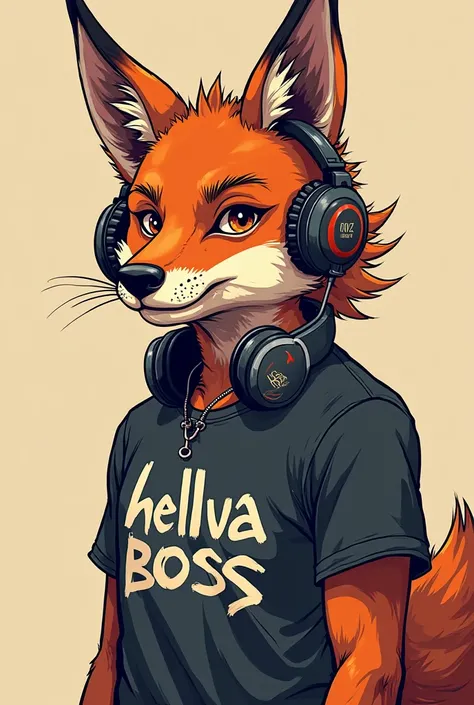 Fait moi un renard anthropomorphique dans le style de la serie helluva boss. Il doit porter un casque audio autour du cou et un t shirt d’un groupe de metal. Le dessin doit etre adulte mais dans un style cartoon. Il doit un peu avoir des airs de demon