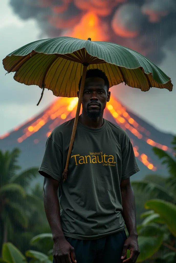  volcano smoking behind was  bluck  man standing making hambrela bloking ren with panana leave on his tshrt writing Tanauta