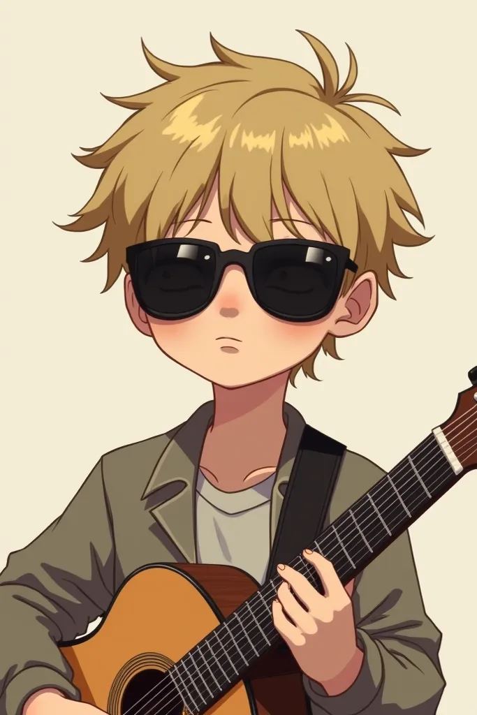 Blond boy with short blond hair like an Indian with a guitar in his hand and wearing dark glasses