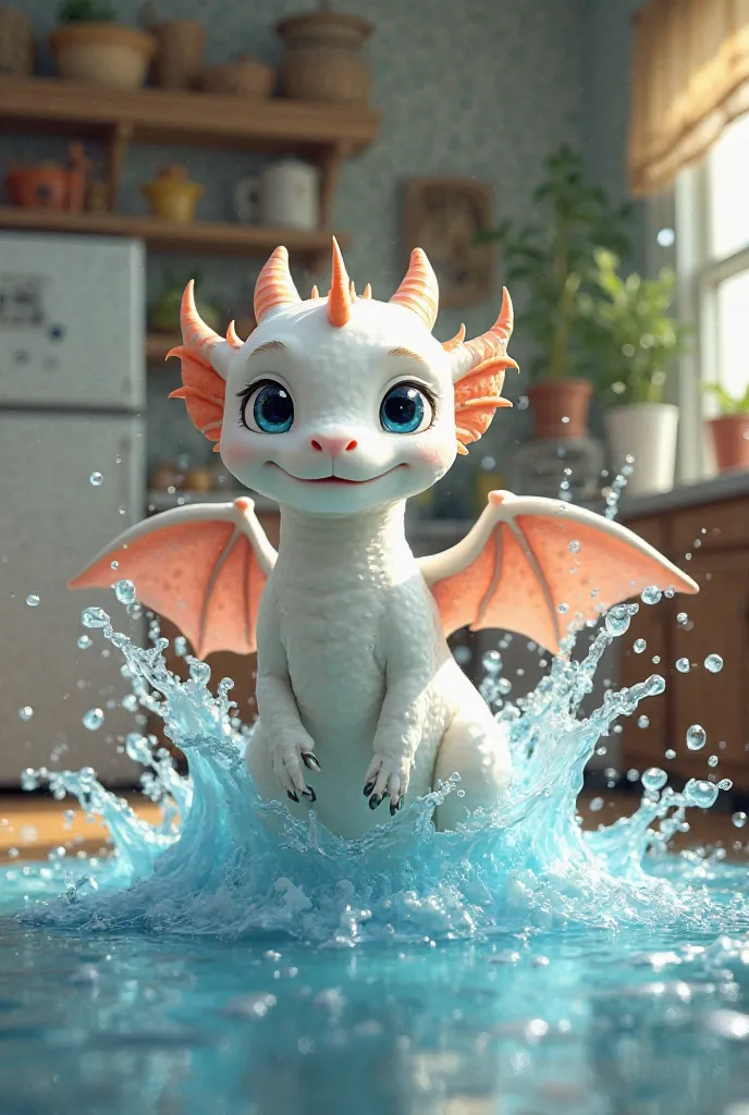 In the shower,  the little white dragon waves its adorable tiny wings so hard that the water splashes all over the house, turned Lyra's kitchen into a battlefield.