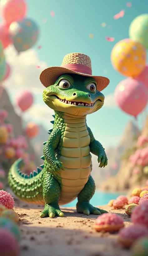 A crocodile wearing a hat walking cheerfully and happily in a place with several balloons and candies near a river