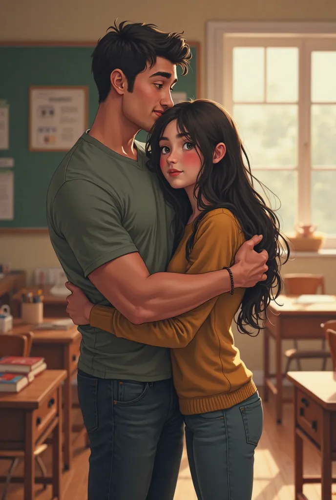 a teacher who is tall with little muscular black hair and the woman is short long black hair and that they are hugging each other