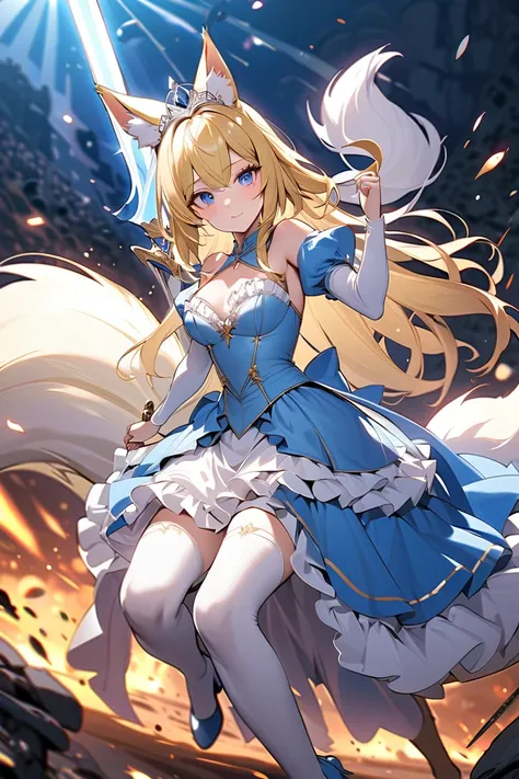 Highest quality,  super high definition、(( girl))、battlefield、I'm riding a white horse with a big sword in one hand、long blonde hair、 blue eyes、 fox ears、 fox tail 、tiara、Cinderella、blue and white frill costume