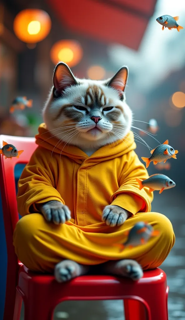 A fat cat sits in a meditative pose on a red plastic chair, wearing a loose yellow robe like a monk. Its eyes are closed with a peaceful expression, legs crossed, and hands resting on its lap. Dramatic cinematic lighting shines from the side, casting soft ...