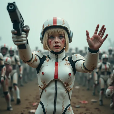 high resolution, masterpiece, photo realistic,  surrealism ,a fully armed girl wearing a helmet is raising both hands in surrender against zombies attacking but still holding a laser gun on her right hand. The girl is short cut hair, exhausted and hopeless...