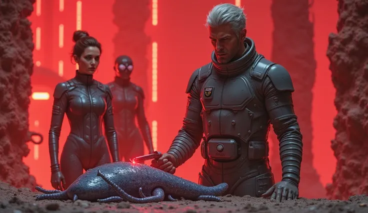 A calm man (6'1", short silver hair, deep-set eyes, gray spacesuit ) holds a small glowing red dagger (1 ft long), cutting a soft-bodied creature (6 ft long, octopus-like with tiny wriggling legs, glowing blue). A stern-faced woman (5'7", short brown hair,...