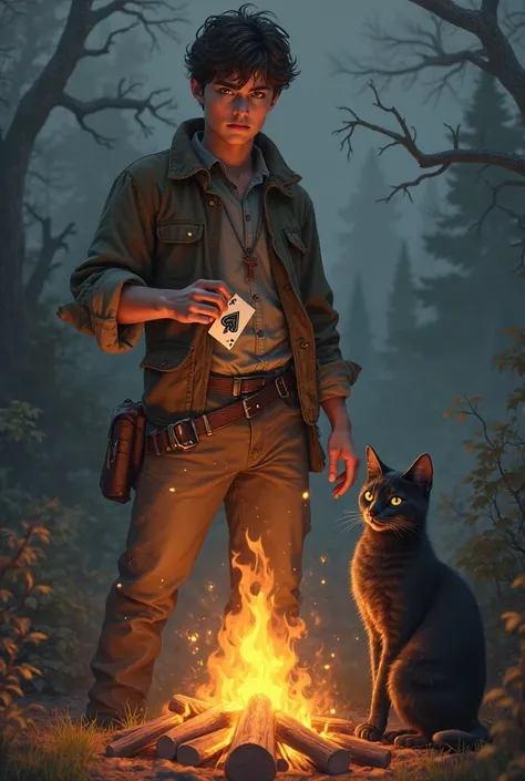 Young man with a spade card in his hand and a black gray cat in front of a campfire