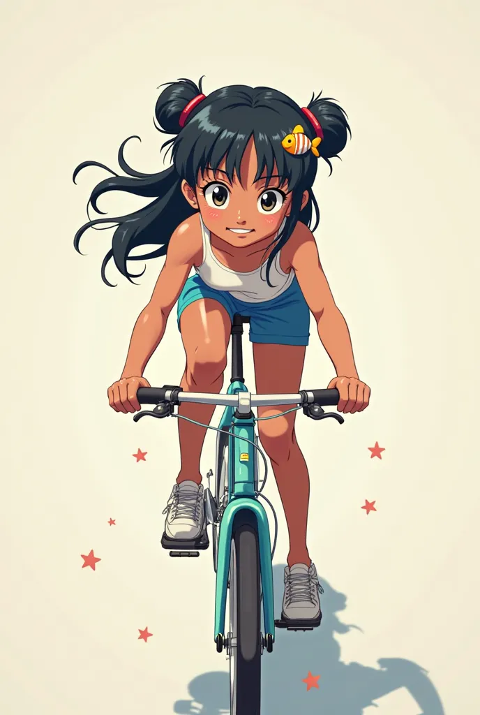 a girl rides a bicycle, in running shorts, (Loli 1.4) dark skin, black hair, medium hair, straight bangs, two side up, jitome, smile, camisole, piece, fish hair clip, gym shorts, Anime-style,