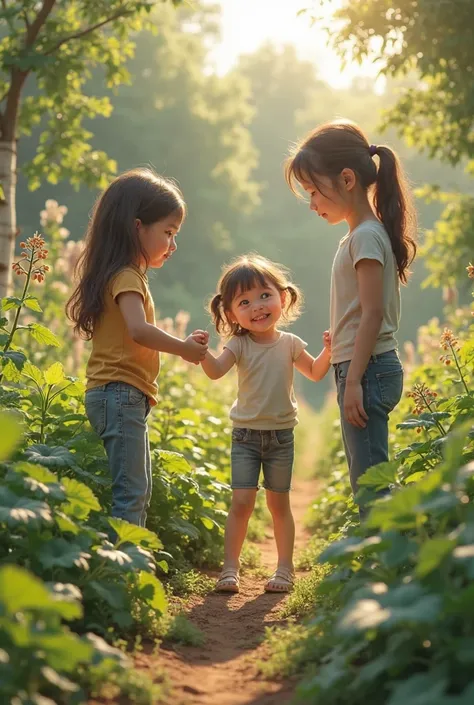 A realistic scene is set in a lush vegetable garden filled with green plants and trees, with soft sunlight casting a warm glow. In the center of the image, three sisters of different ages are interacting. The age difference between the eldest sister and th...