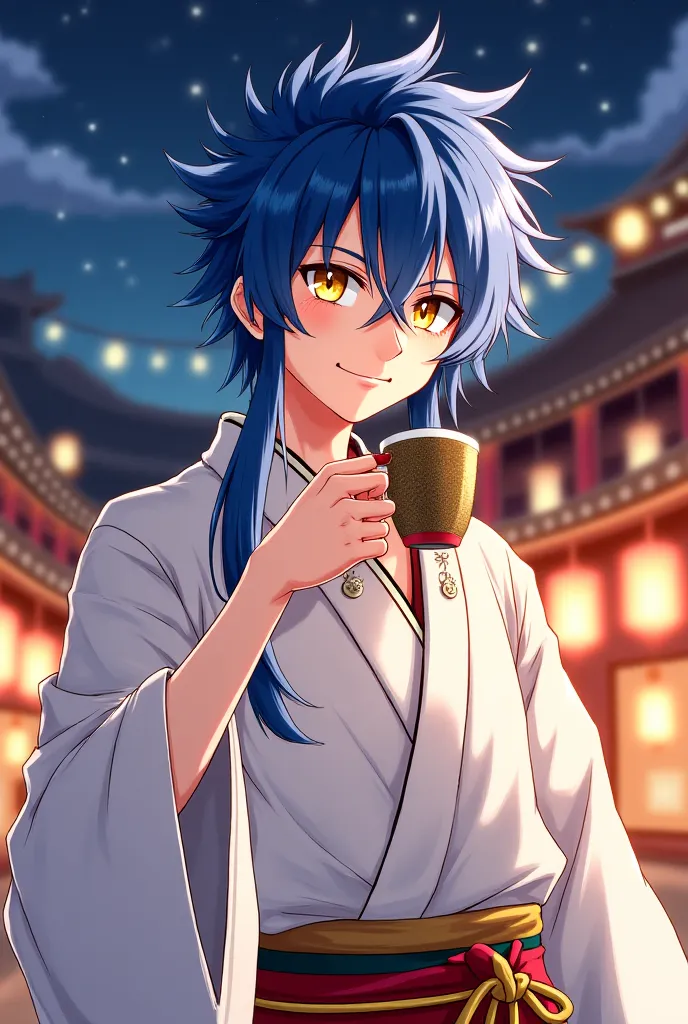 A man with masculine features in the anime style, wearing a white kimono with gold details. he has long blue hair, messy and spiky with threads that spread in various directions and shimmering golden eyes. The man flaunts a friendly smile while raising a t...