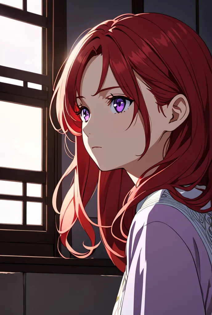 Girl with long red hair wavy closer to the head and with purple eyes 2D anime style