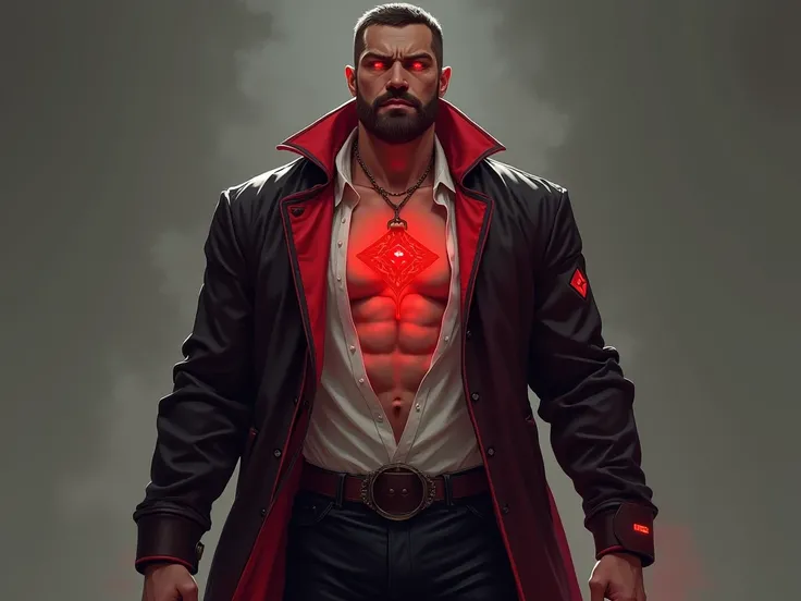 The man is tall and strong , with defined muscles that can be seen under his semi-open shirt. He has a red talisman on his chest that shines brightly and attracts attention. He wears a long jacket with combinations of red and black that complements his out...