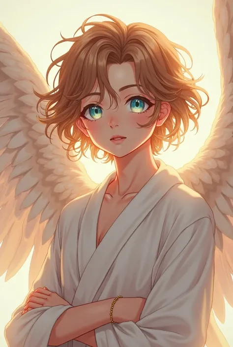 anime, angel boy with brown hair and blue eyes, wearing a white robe and bracelets and bracelets, with large, circular eyes , Arcuate and thin eyebrows ,Elongated and sharp upper eyelids.