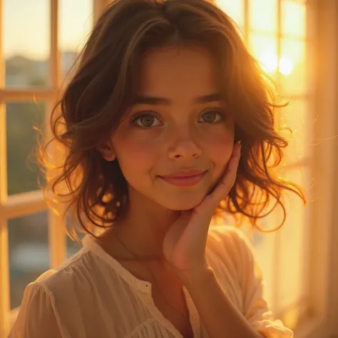 The image shows a young adolescent bathed in a soft, golden light, evoking the welcoming feeling of a dawn. Your face shines delicately under the warm lighting, , highlighting her serene gaze and a light smile that transmits tranquility and hope. Your eyes...