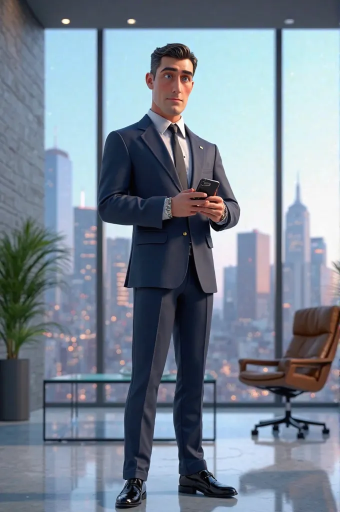 3D modern movie Disney Pixar style. A sharply dressed man in his early 40s stands in a sleek, high-rise office with floor-to-ceiling glass windows showcasing a stunning city skyline. He wears a navy-blue suit, a silver wristwatch, and polished shoes. His f...