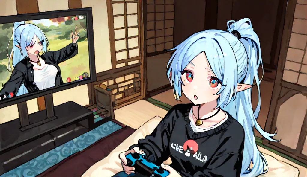 Elf girl with light blue hair tied in a ponytail, playing video games on a PC, she wears an unbuttoned black sweater and a white t-shirt, her eyes are red and she has oval lenses, she also wears a black necklace with a small gold bell, She is in a traditio...