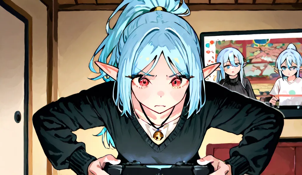 Elf girl with light blue hair tied in a ponytail, playing video games on a PC, she wears an unbuttoned black sweater and a white t-shirt, her eyes are red and she has oval lenses, she also wears a black necklace with a small gold bell, She is in a traditio...