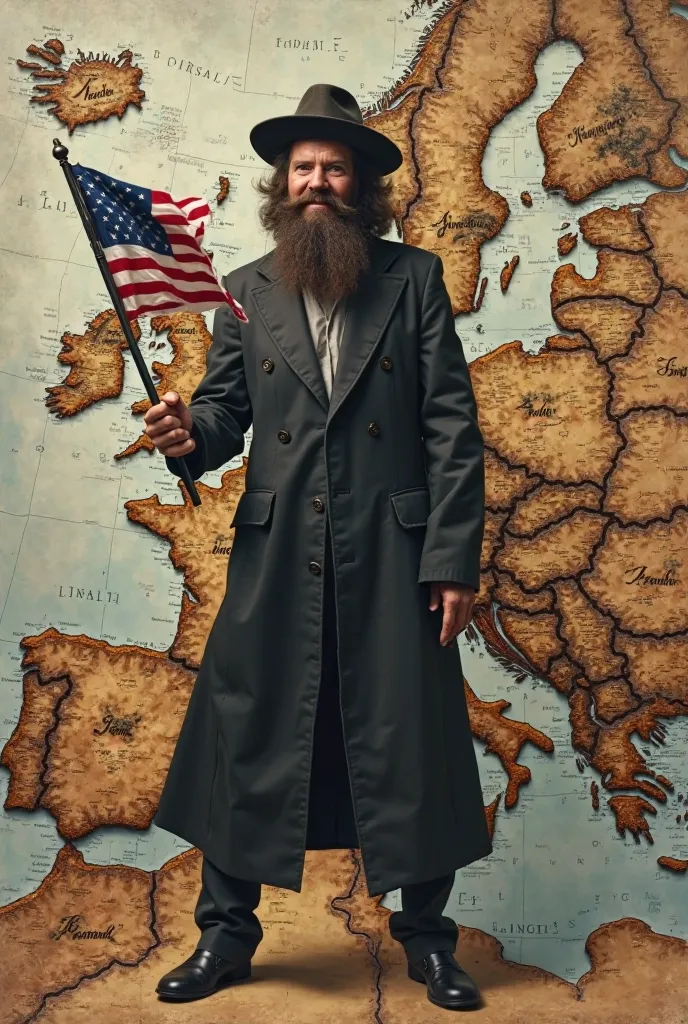 Orthodox hasidix Jew with payot having an American flag in one hand and brushing half of Europe map with brown coulour while laughing.