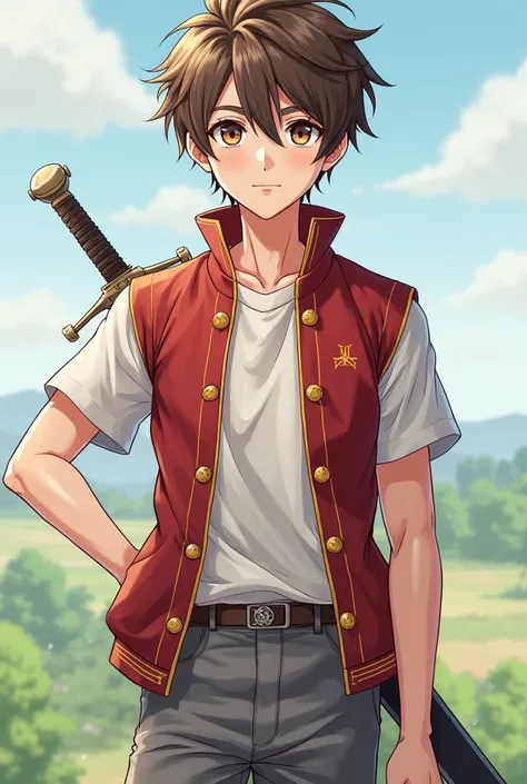 Un joven de 16 años en Anime Style, with slightly messy brown hair that falls over their forehead and is directed to the side. He has hazel eyes with an intense and determined look. His skin is fair and his athletic body has a defined musculature., reflect...