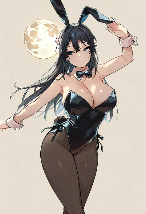  Solo,girl,sakurajima mal, sexy black Bunny outfit , Black hair, Blue eyes, smile, proud gaze,dancing, femenine, score 9, perfect legs, full moon,hd,simple background,perfect,Big breast,black stokings, Bunny bandhair