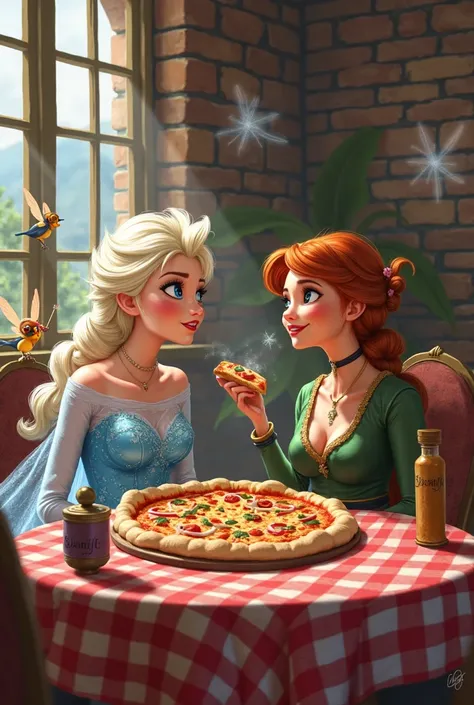  Make an image of , Elsa, TINKERBELL THAT LOOKS SUPER PRETTY AND ROBIN HOOD FEMALE VERSION EATING TOGETHER THE THREE OF THEM AT VALENTIS PIZZA