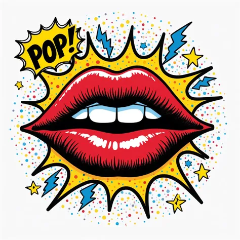 "A bold and vibrant pop-art-style illustration featuring a retro comic-inspired design. A bright red lipstick kiss print with thick black outlines, giving it a striking and graphic look. Surrounding the lips are playful elements like small yellow stars, bl...