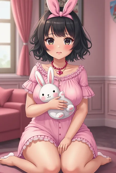 score_9, score_8_ up , score_7， anime， alone , short， tan skin young woman， black hair wavy short eith bangs， black eyes, blushing ， estimated ， ， :1.3， plump, chubby, big breasts , cute pink necklace， pink Ribbon, front view, complex background, cute pink...