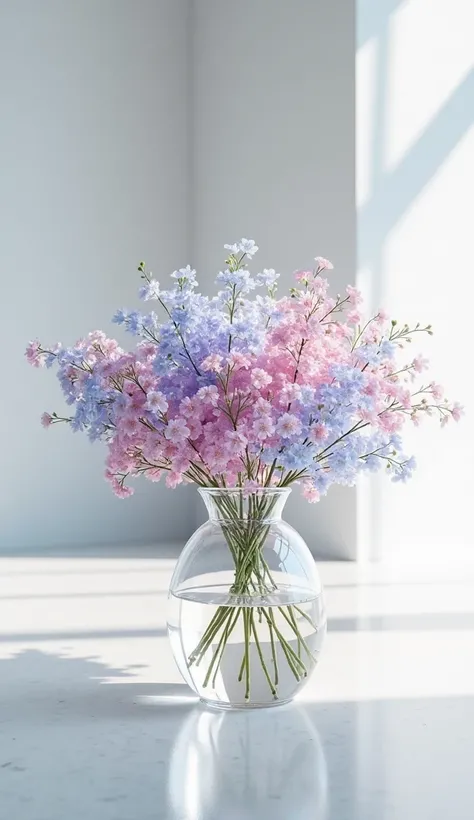 pink and blue and purple  Gypsophila flowers boquet in a transperent water round glass in the corner of room,,indoor,empty room,full room very wide view,soft light,white walls,super detailed art