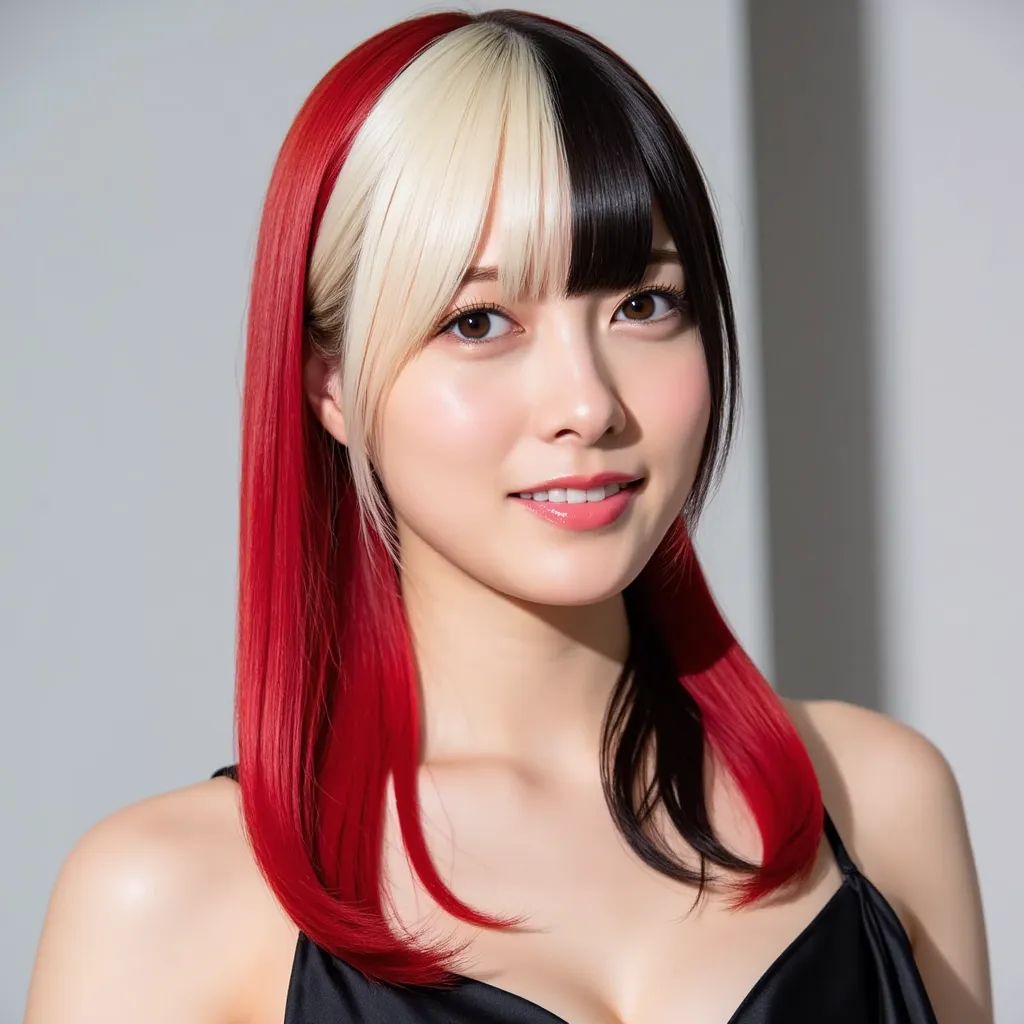 Silky smooth hair、Three hair colors: white blond hair, black hair, and red hair、Flush the bangs、 hairstyle is straight、Long hair up to chest、ponytail、and her whole body is in the picture