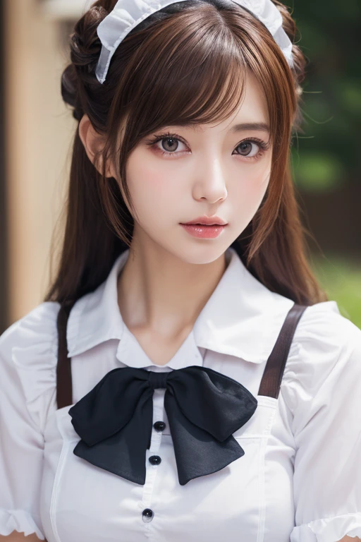 faceup,highest quality, masterpiece, 8k, Ultra-high resolution, (Realistic: 1.4), 1 girl, Beautiful Face, Symmetrical eyes, big, Perfect Body Proportions, ((Long Hair))、((Brown Hair:1.5)), Maid、((ゴスロリ風Maid服:1.4)), Viewer&#39;sight, ((Coffee shop、Blurred Ba...