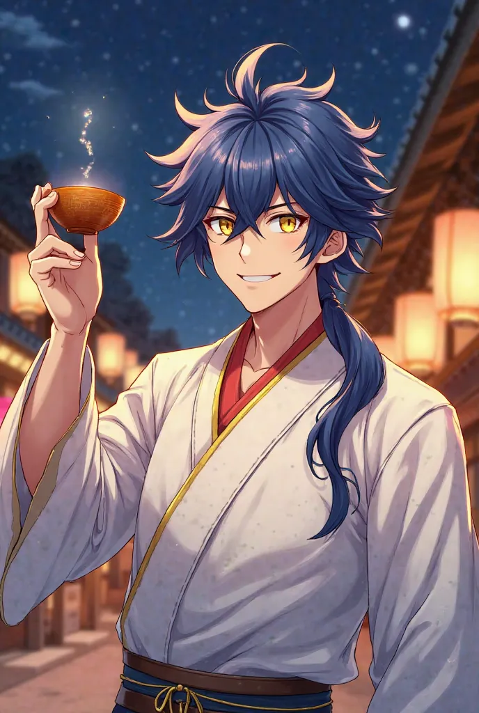 A man with masculine features in the anime style, wearing a white kimono with gold details. he has long blue hair, messy and spiky with threads that spread in various directions and shimmering golden eyes. The man flaunts a friendly smile while raising a t...