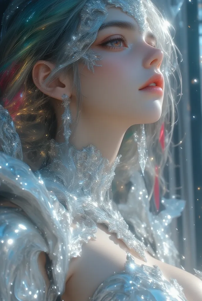 (((最high quality))),(An unparalleled masterpiece),超A high resolution,(Photorealistic),Surreal photos of stunning beautiful cyborg women, Rainbow Hair, Big Breasts, (Beautiful and intricate armor), accept, Delicate White Platinum Filigree, Exquisite craftsm...