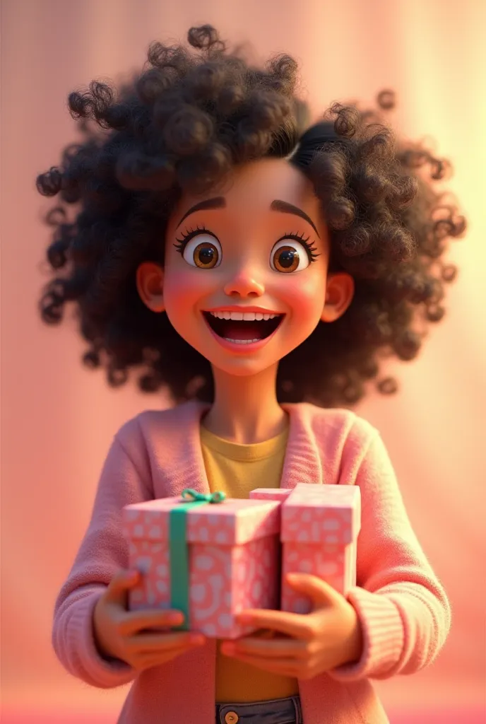 Please make a cute, long, curly, dark-haired female character with Pixar 3D high resolution\n
Super happy expression with multiple gifts in her hand 