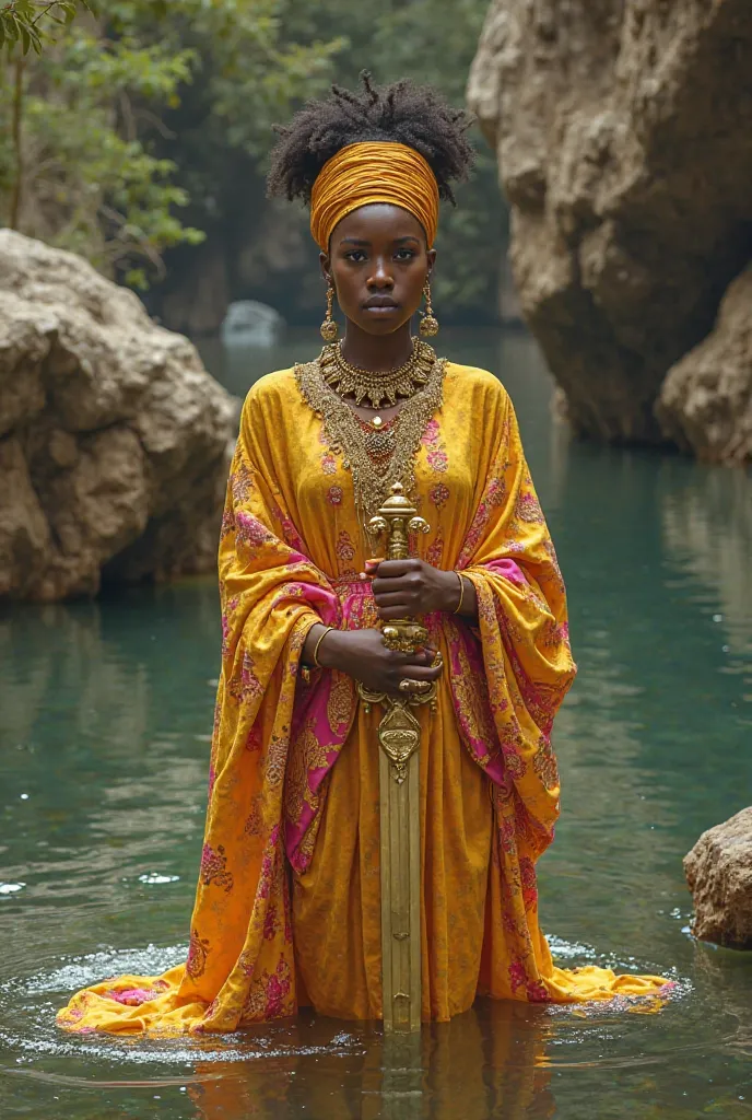  African woman,  yellow and pink African robes, golden sword, At the bottom of the river ,  ,  gold mirror , Gold accessory