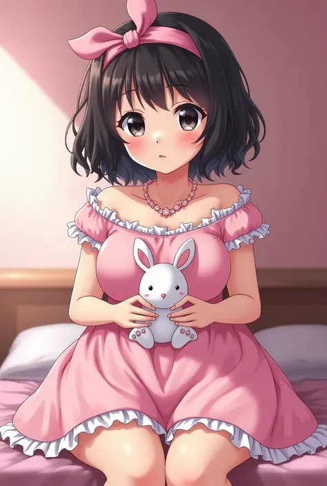 score_9, score_8_ up , score_7， anime， alone , short， tan skin young woman， black hair wavy short eith bangs， black eyes, blushing ， estimated ， ， :1.3， plump, chubby, big breasts , cute pink necklace， pink Ribbon, front view, complex background, cute pink...