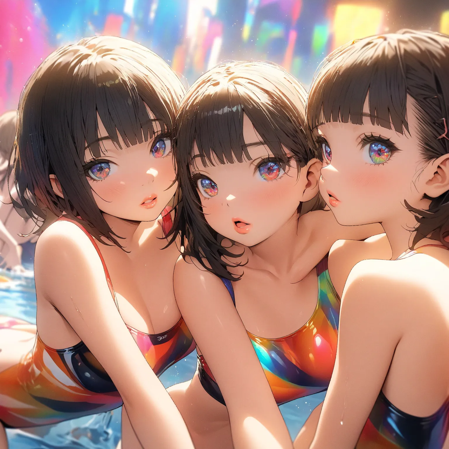 best quality,Ultra High Definition , max resolution, girls on the left,highleg swimsuit,spread legs,arms up,11years old,beautiful eyes,Thick lips,extra digit,short hair,barefoot