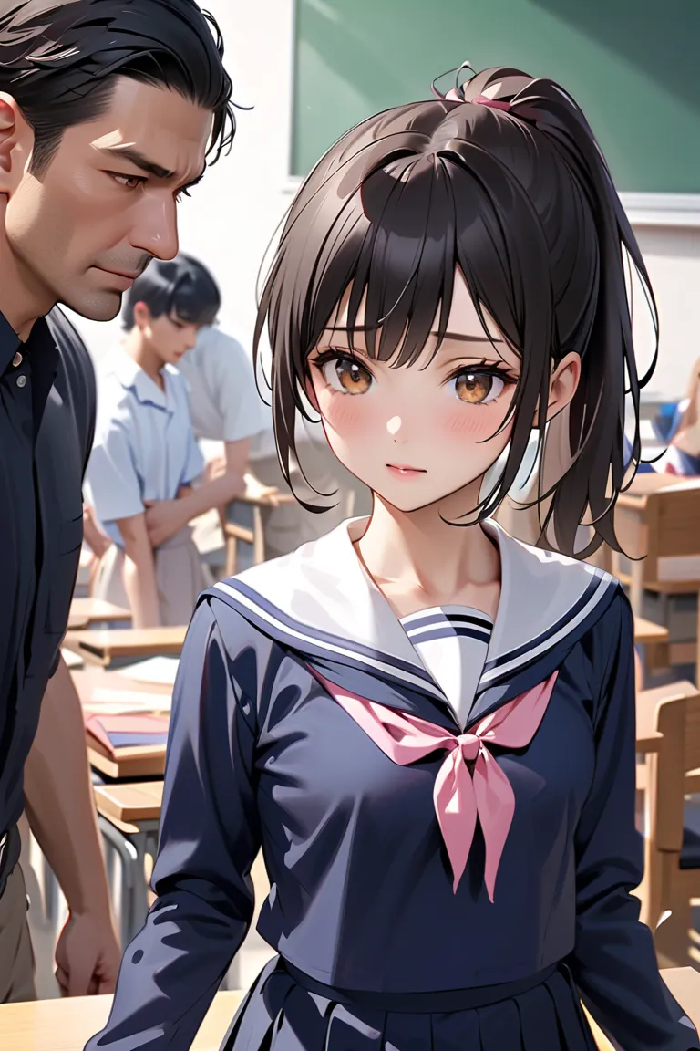 Highest quality,  super high definition、realistic skin color、classroom、used condoms are scattered、Japanese、((cute middle school girl getting taken away from others))、 Low、 small tits、sailor suit、 ponytail black hair 、brown eyes、 Costume、Girl followed by ma...