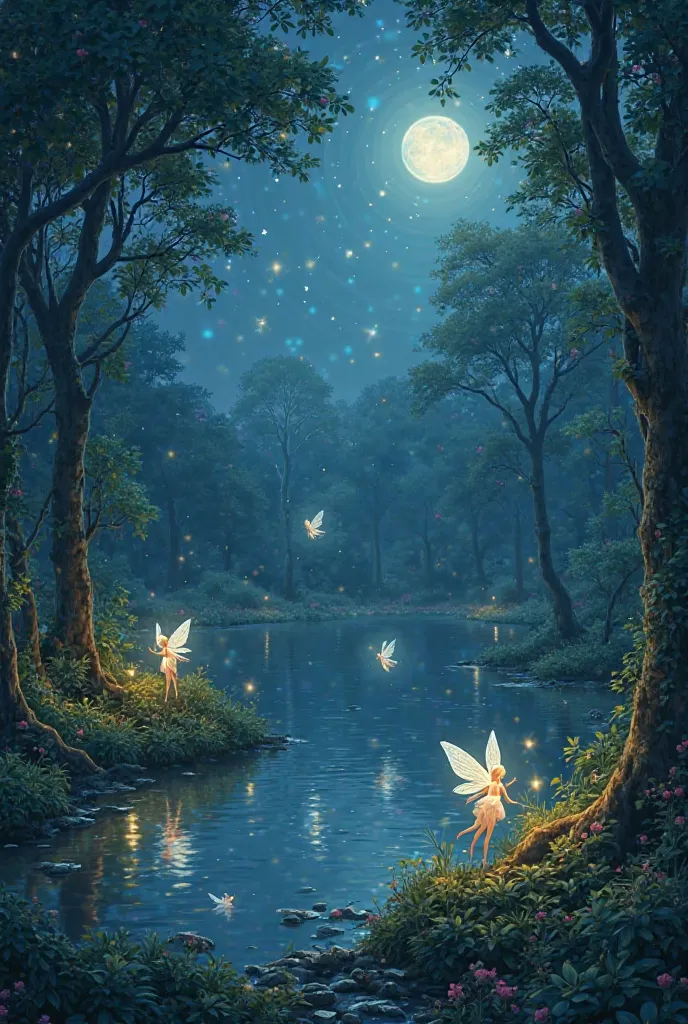 Imagine an magical lake Park at night and fairy's busy in work 