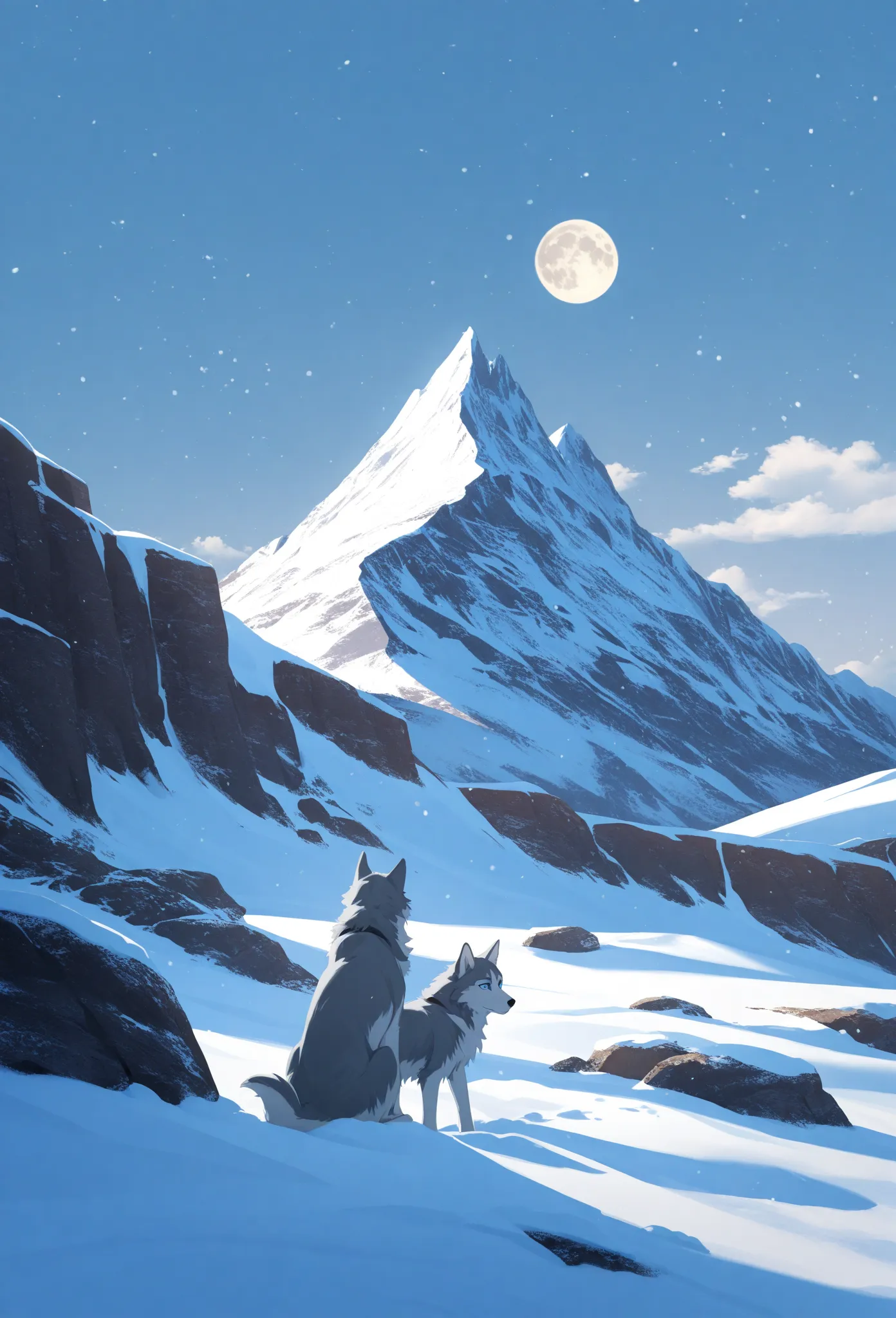 A grey husky with striking blue eyes, stands on a snow-capped mountain range against a backdrop of a full moon. A small, fluffy, blue lamb stands beside it on a rocky outcrop. The scene is hyperrealistic, capturing the textures of the snow, rock, and fur. ...