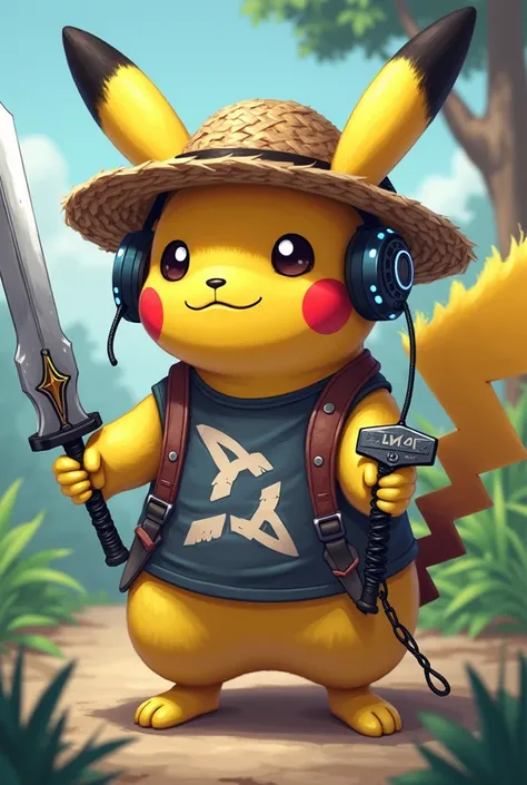 make a pikachu with a straw hat, holding a Zenith (terraria) And a Zangetsu (bleach) on the back with a headset and a slowdive shirt