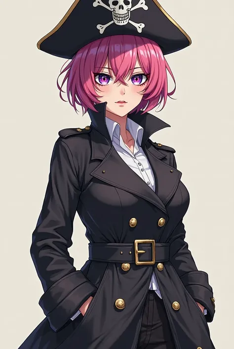 a beautiful and mature adult woman, full body, with short pink hair, White eyes and dark purple eye sclera, Absence of a pupil and looking like a pirate hat with an anime-style trench coat