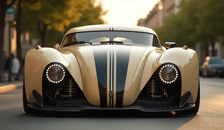 "A futuristic classic car inspired by the Volkswagen Beetle, shown from a low-angle front view. The car has a sleek, glossy beige body with black racing stripes running down the center. The headlights are round and modern with LED rings. The front bumper i...