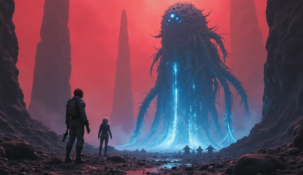 A towering soft-bodied creature (500 ft tall, glowing blue, with short whip-like tentacles) rises from black stone. Five soft-bodied creatures (6 ft long, octopus-like with tiny wriggling legs, glowing blue) crawl nearby. A stern-faced woman (5'7", short b...