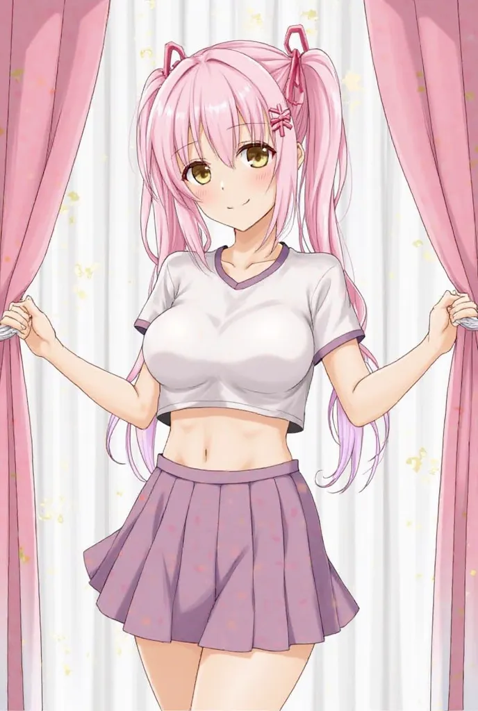 1girl, curtains, bremerton_\(azur_lane\), pink_hair, breasts, twintails, multicolored_hair, curtain_grab, hair_ornament, long_hair, underboob, two-tone_skirt, crop_top, x_hair_ornament, large_breasts, two-tone_shirt, hairclip,