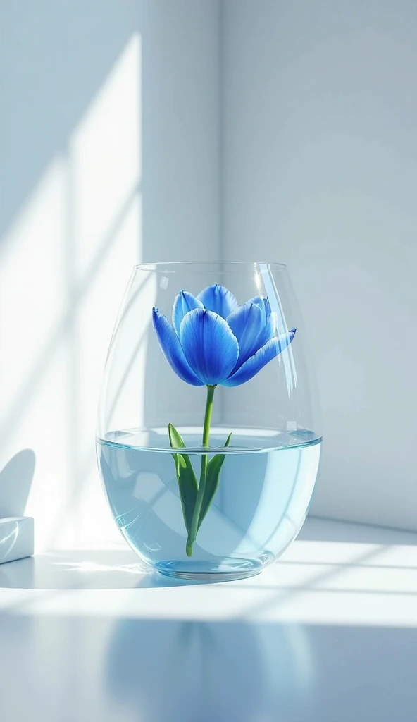 blue tulip flower in a transperent water round glass in the corner of room,,indoor,empty room,full room very wide view,soft light,white walls,super detailed art