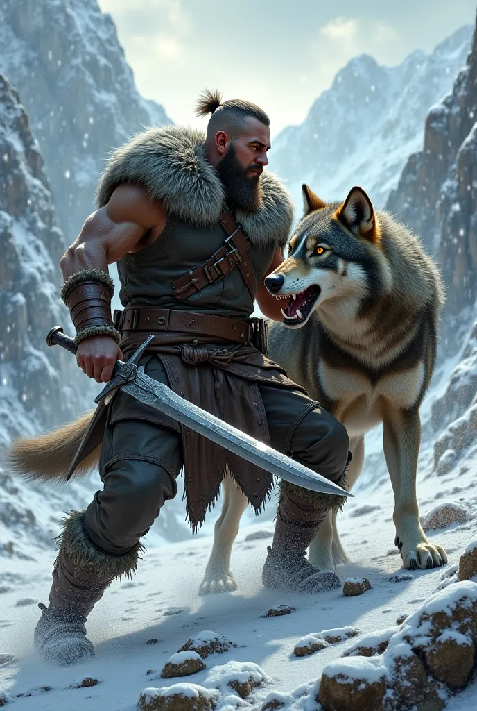 Make a Viking man fight a wolf