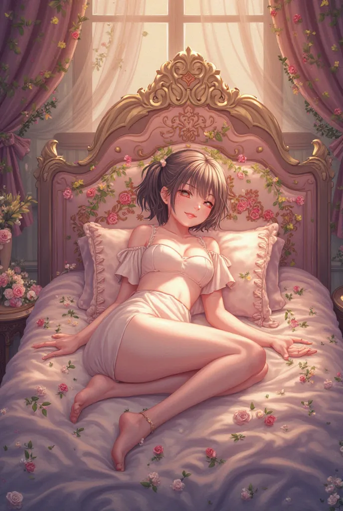 Beautiful anime-style pink, Anime Style, beautiful, lying on a bed